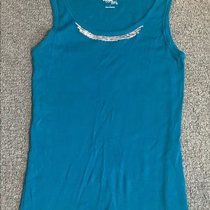 New York & Company Blue Teal Comfort Zone Sequin Ribbed Womens Tank Top Large
